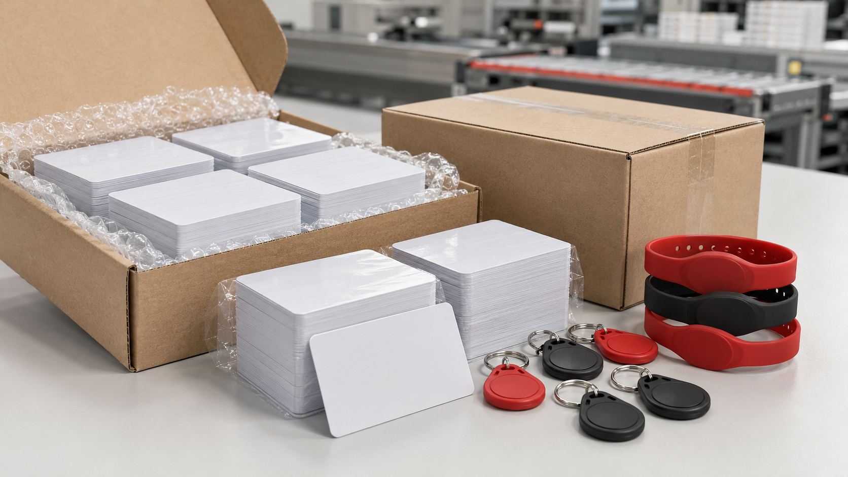 Пластиковые карты, RFID-брелоки и браслеты, подготовленные к доставке